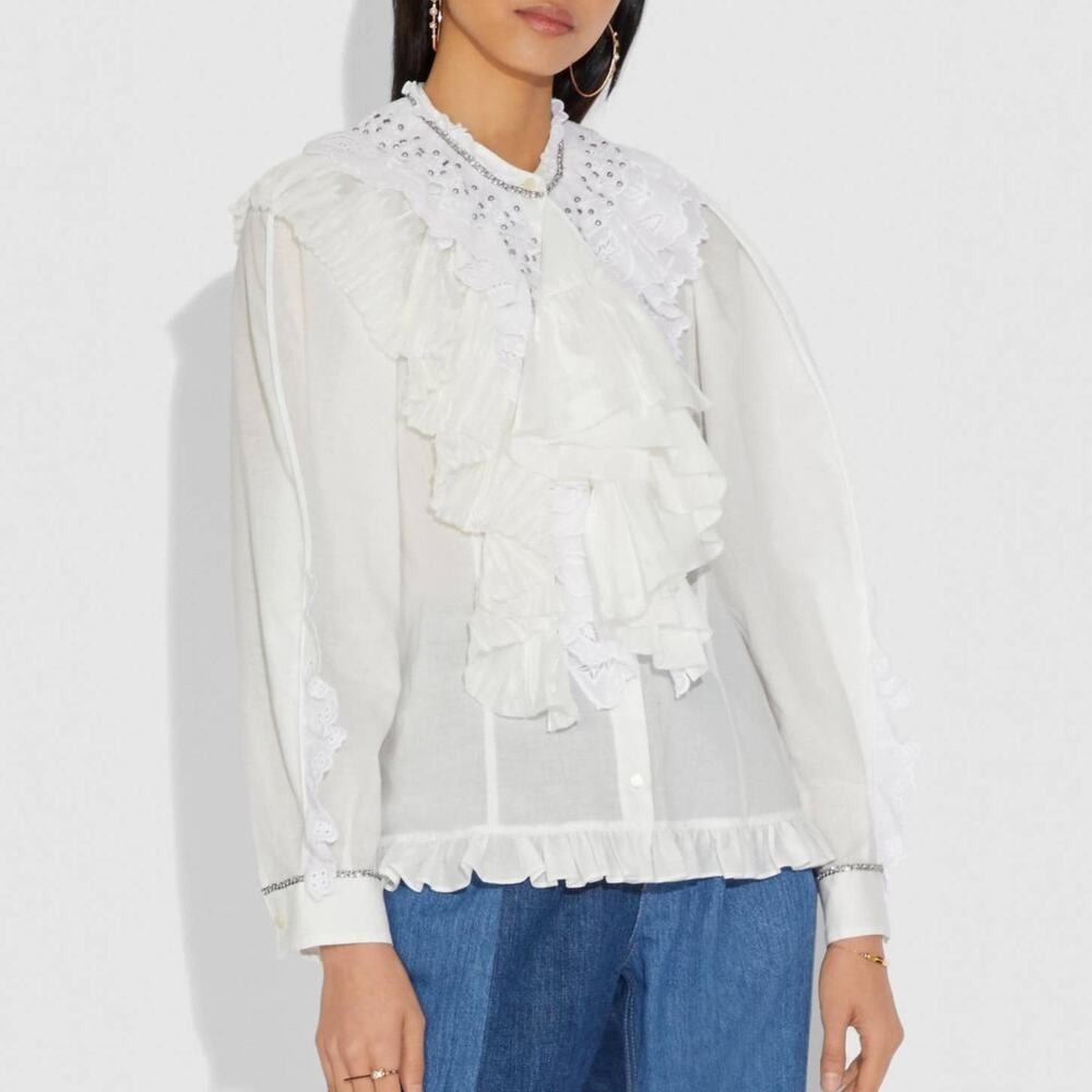 Coach 1941 NWT 2018 Runway White Prairie Ruffle Blouse Eyelet Trim Women's 4 - Picture 12 of 13